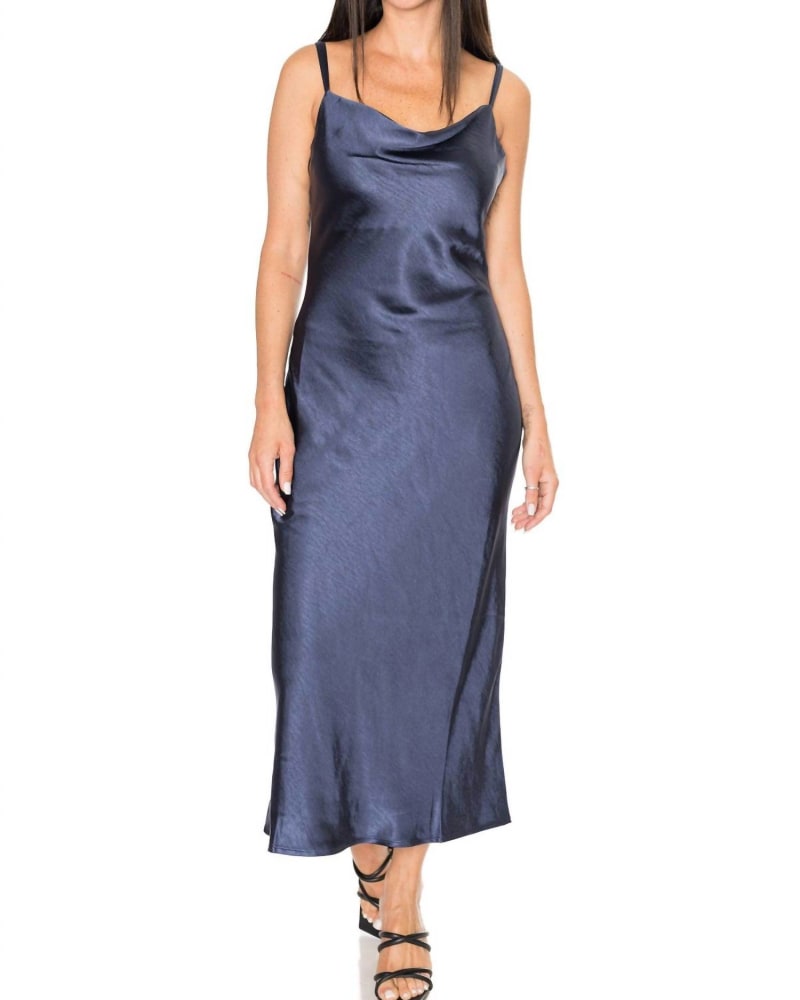 Front of a model wearing a size L Linda Satin Cowl Neck Slip Maxi Dress In Navy in Navy by GREYLIN. | dia_product_style_image_id:359820